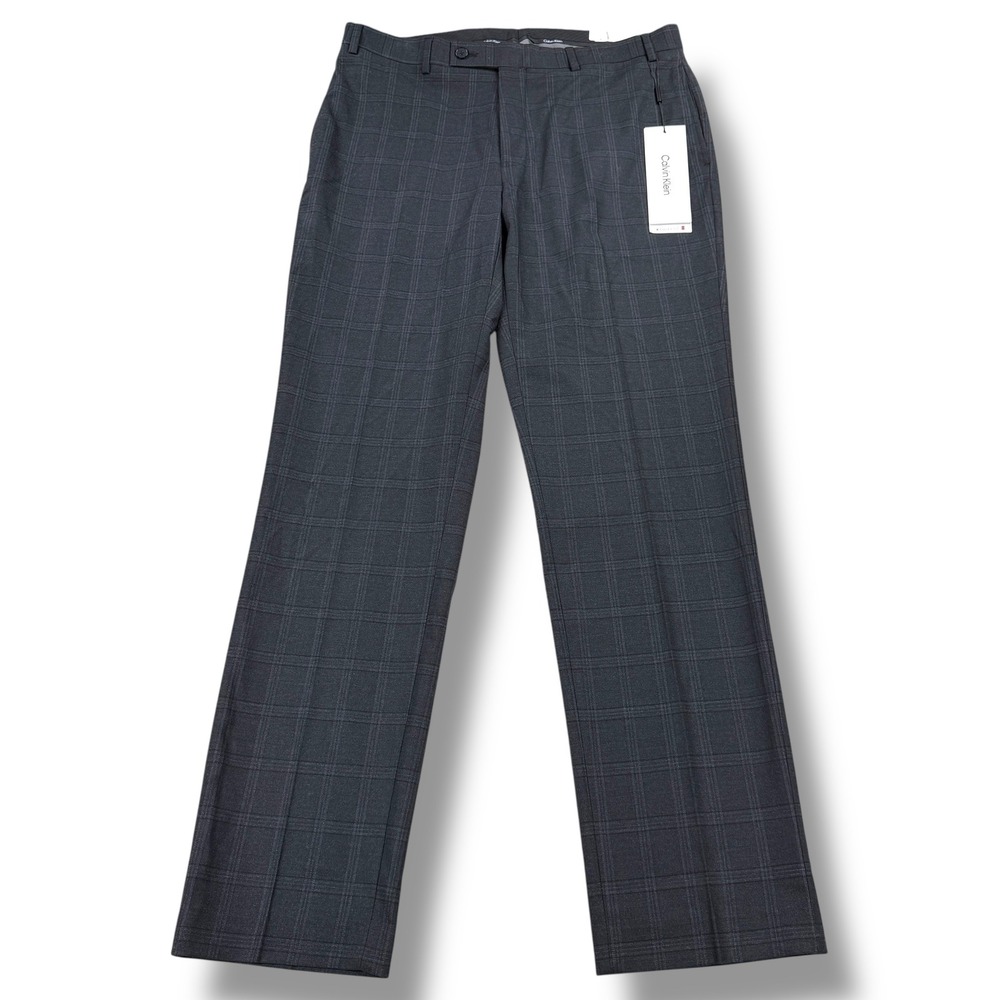 NWT Calvin Klein‎ Mens Slim Fit Dress Pants Gray Plaid Stretch 36x32